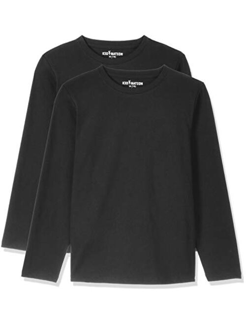 Kid Nation Kids Unisex 2 Packs 100% Cotton Tagless Long Sleeve Crewneck T Shirt Top for Boys or Girls 4-12 Years