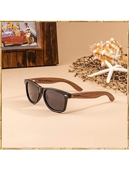 WOODIES Polarized Walnut Wood Sunglasses for Kids | Black Polarized Lenses and Real Wooden Frame | 100% UVA/UVB Ray Protection