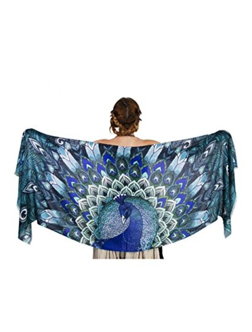 Designer Silk & Cashmere Scarf With Wide Spread Bird Feather Wings