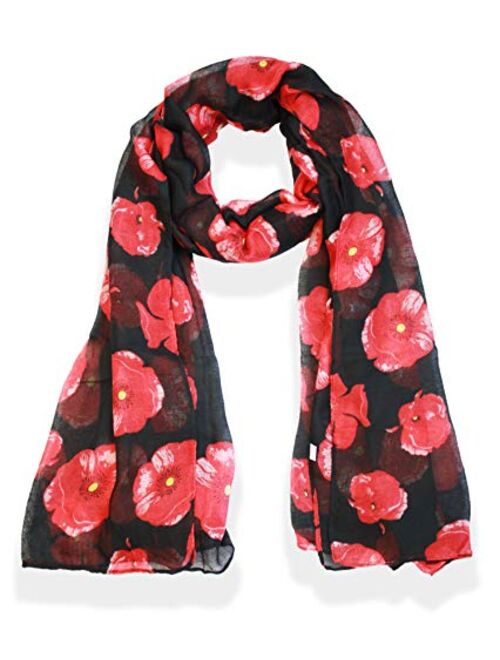 Women Poppies Flower Print Long Shawl Lightweight Soft Scarf