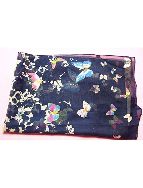 Datework Women Butterflys Printed Flower Soft Chiffon Summer Cooling Neck Shawl Scarves (Navy)