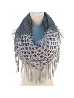 Women Winter Warm Crochet Knit Long Tassels Soft Wrap Shawl Scarves Scarf Two Styles Infinity and Straight (Gray)