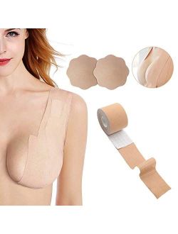 Boob Tape and 2 Pcs Petal Backless Nipple Cover Set, Breathable Breast Lift Tape Athletic Tape with Silicone Breast Petals Reusable Adhesive Bra for A-E Cup Large Breast…
