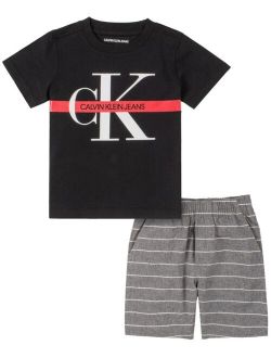 Toddler Boys Knit Crewneck with YD Stripe Short Set, 2 Piece