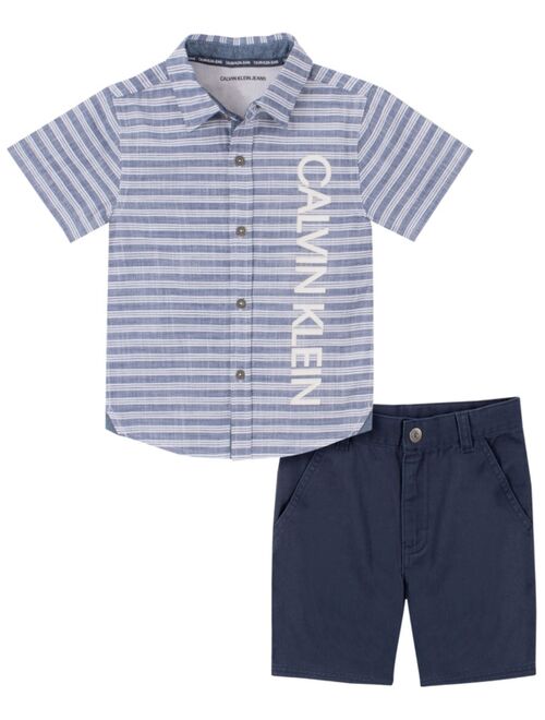 Calvin Klein Toddler Boys Stripe Chambray Woven Shirt with Twill Short Set, 2 Piece