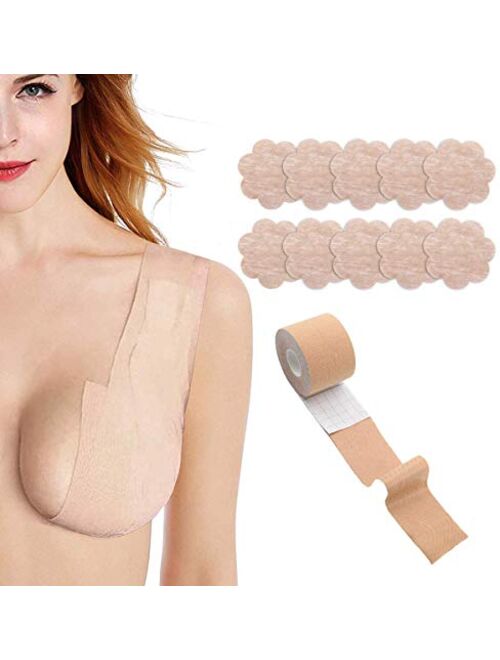 Boob Tape and 10 Pcs Petal Backless Nipple Cover Set, Breathable Breast Lift Tape Athletic Tape with Breast Petals Disposable Adhesive Bra for A-E Cup Large Breast…