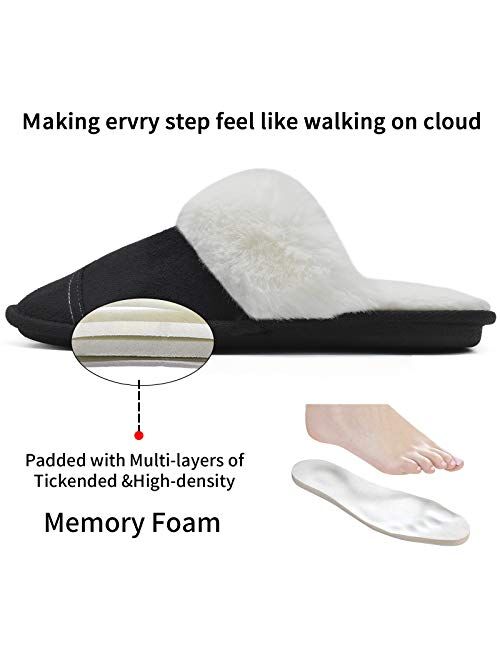 Womens Faux Fur Warm Memory Foam Slippers Suede Slip-on Cozy House Shoes Non-Slip Sole