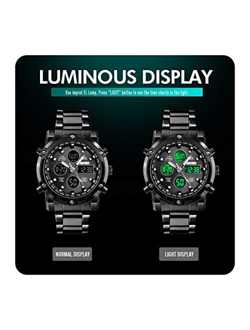 Lucakuins Men's Watches Fashion Sport Wrist Watch Multifunction Waterproof Military Analog Digital Watches Casual Business Stainsteel Steel Male Watch with LED Multi Time