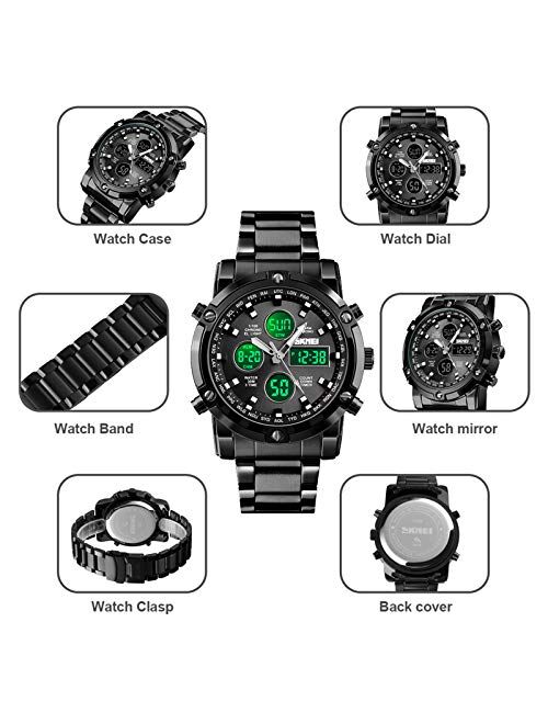 Lucakuins Men's Watches Fashion Sport Wrist Watch Multifunction Waterproof Military Analog Digital Watches Casual Business Stainsteel Steel Male Watch with LED Multi Time