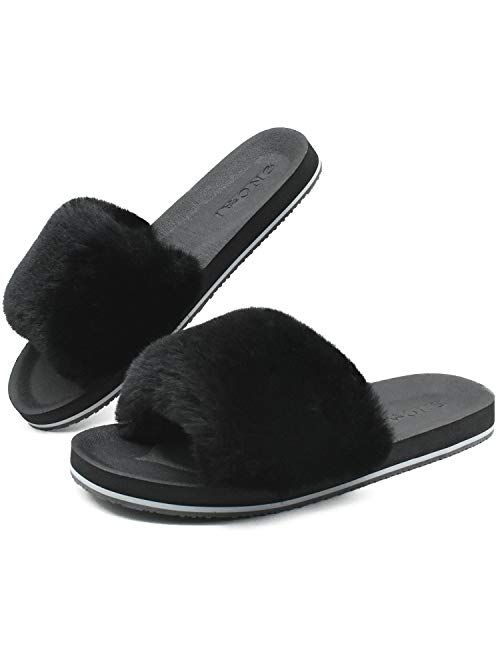 ONCAI Slides-for-Women-Fluffy-Furry-Women's-House-Slipper Slip-on Faux Fur Sandals Slipper Flat Fuzzy Cozy Anti-Slip Open Toe Slippers