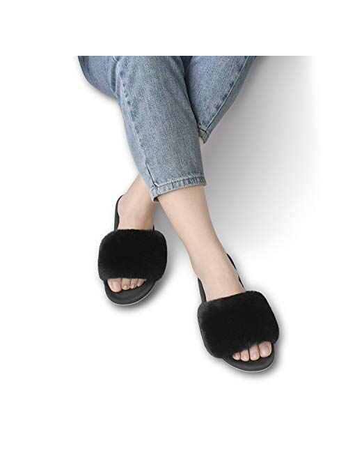 ONCAI Slides-for-Women-Fluffy-Furry-Women's-House-Slipper Slip-on Faux Fur Sandals Slipper Flat Fuzzy Cozy Anti-Slip Open Toe Slippers