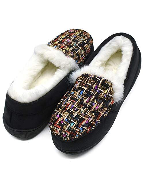 ONCAI Women’s-Moccasin-Slippers-Suede-Plaid-House-Slippers Indoor and Outdoor Faux Fur Lined Winter Slip-On Shoes with Cushion Memory Foam Warm Plush Tweed
