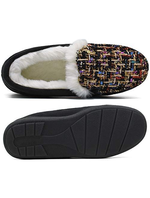 ONCAI Women’s-Moccasin-Slippers-Suede-Plaid-House-Slippers Indoor and Outdoor Faux Fur Lined Winter Slip-On Shoes with Cushion Memory Foam Warm Plush Tweed