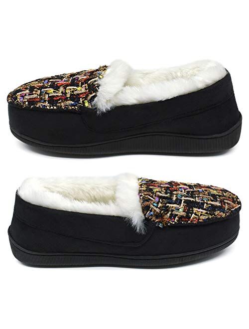 ONCAI Women’s-Moccasin-Slippers-Suede-Plaid-House-Slippers Indoor and Outdoor Faux Fur Lined Winter Slip-On Shoes with Cushion Memory Foam Warm Plush Tweed 