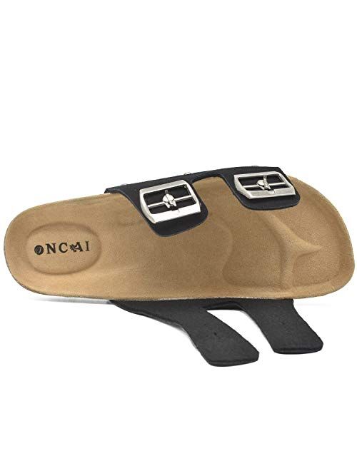 Womens Flat Slide Sandals with Arch Support 2 Strap Adjustable Buckle Slip on Slides Shoes Non Slip Rubber Sole