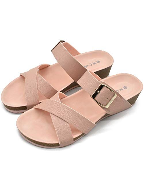 ONCAI Womens Platform Sandals,Fashion Criss Cross Open Toe Beach Cork Wedge Sandals-Summer Slip-on Leather Flatform Slides with Rubber Soles Size 5-11