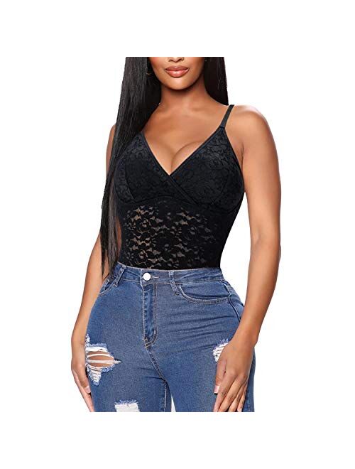BRABIC Lace Bodysuit for Women Tummy Control Shapewear Sleeveless Tops V-Neck Backless Camisole Jumpsuit Shaper