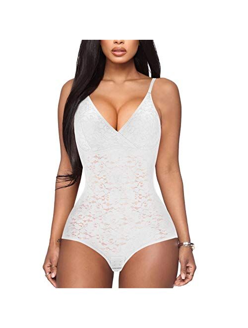 BRABIC Lace Bodysuit for Women Tummy Control Shapewear Sleeveless Tops V-Neck Backless Camisole Jumpsuit Shaper