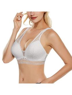 Women Lace Bra Padded Bralette Wirefree Deep V Plunge Push Up Bra, Comfortable A-D Thin Mold Cup