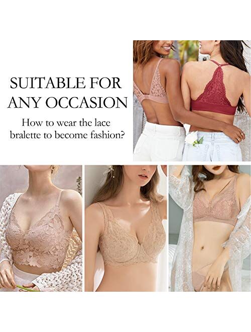 BRABIC Women Lace Bralette Plunge Wireless Bra Deep V Racerback Cut Out Top with Removable Pads