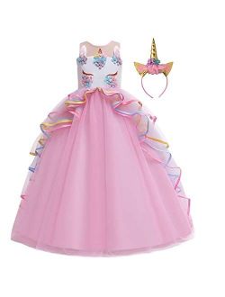HIHCBF Girls Unicorn Costume Pageant Princess Party Dress Wedding Birthday Halloween Carnival Long Maxi Gown w/Headband