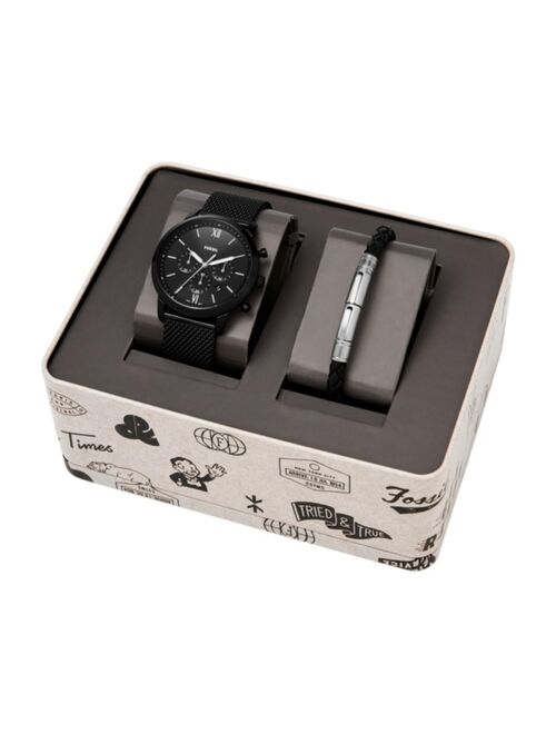 Fossil Men's Neutra chronograph movement, black leather strap watch with matching black leather bracelet, 44mm