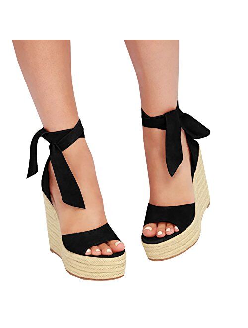 Fashare Womens Open Toe Tie Lace Up Espadrille Platform Wedges Sandals Ankle Strap Slingback Dress Shoes