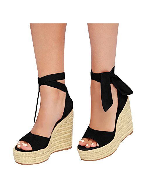 Fashare Womens Open Toe Tie Lace Up Espadrille Platform Wedges Sandals Ankle Strap Slingback Dress Shoes
