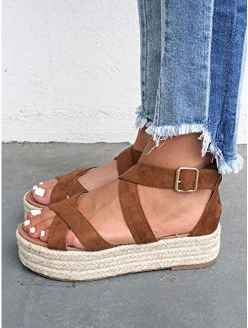 Fashare Womens Espadrilles Wedge Sandals Open Toe Platform Criss Cross Ankle Strap Summer Dress Shoes
