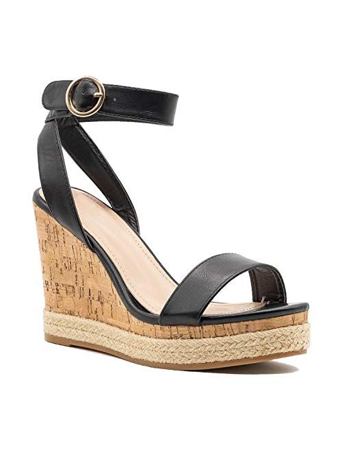 Fashare Womens Espadrilles Open Toe Wedge Heeled Sandals with Ankle Strap Summer Shoes