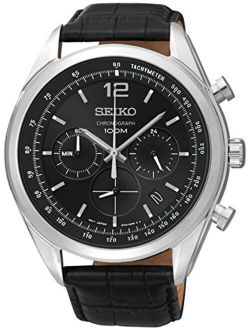 SSB097 Mens Watch Chronograph Stainless Steel Case Black Leather Strap