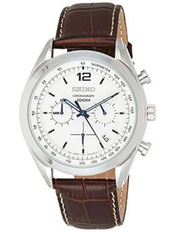 Chronograph White Dial Stainless Steel Brown Leather Mens Watch SSB095