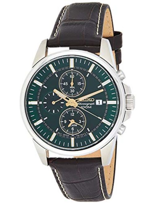Seiko #SNAF09 Men's Leather Band Green Dial Alarm Chronograph Watch