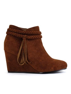 Womens Wedge Ankle Boots Braided Fringe Strap Western Heeled Winter Booties Shoes