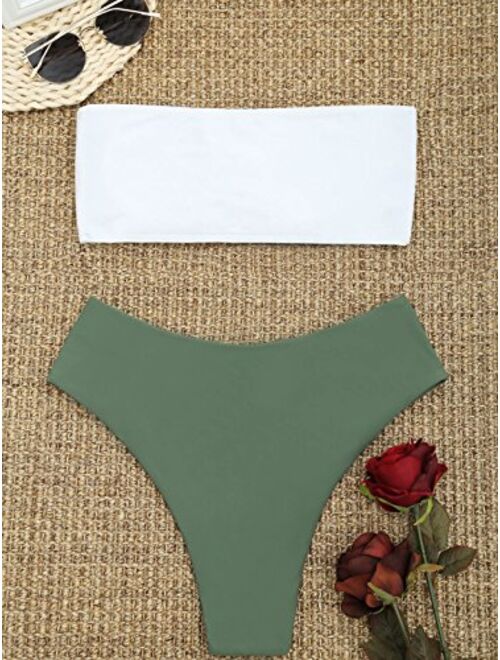 ZAFUL Women's Tanning Swimsuits Cactus Print Tube Strapless Bandeau Bikini Set
