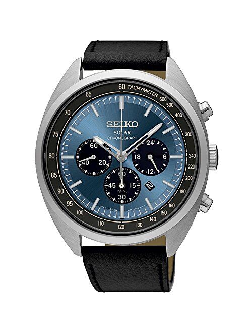 Seiko Men's 45mm Black Leather Band Steel Case Hardlex Crystal Solar Blue Dial Analog Watch SSC625P1