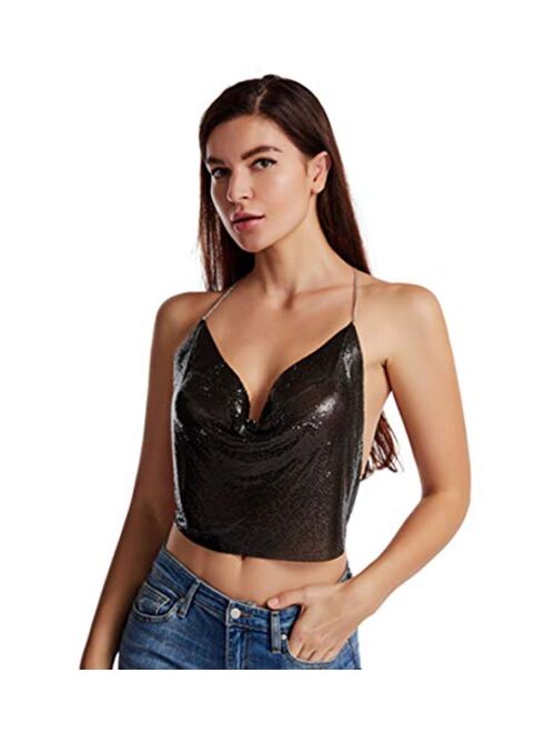 Women Metal Sequin Sparkle Glitter Tank Deep V Neck Spaghetti Strap Backless Chain Halter Crop Tops Party Blouse