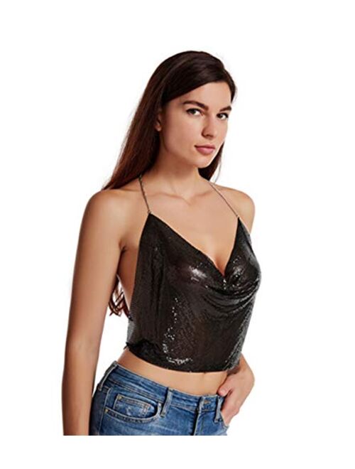 Women Metal Sequin Sparkle Glitter Tank Deep V Neck Spaghetti Strap Backless Chain Halter Crop Tops Party Blouse