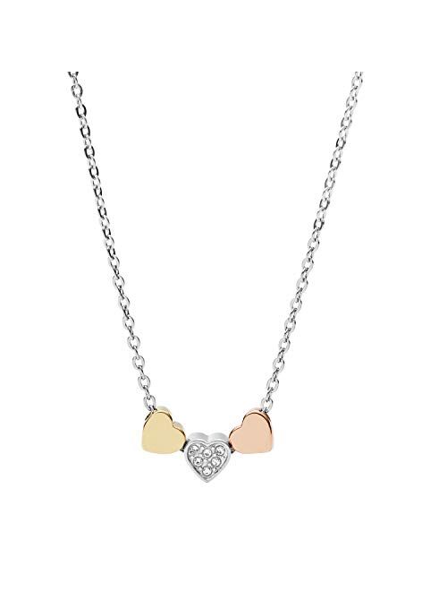 Fossil Women's Heart Tri-Tone Steel Chain Necklace, Color: Silver