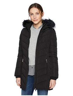 Women's Mid Length Down Alternative Jacket with Faux Fur Trim Hood