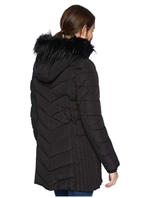 Tommy Hilfiger Women's Mid Length Down Alternative Jacket with Faux Fur Trim Hood