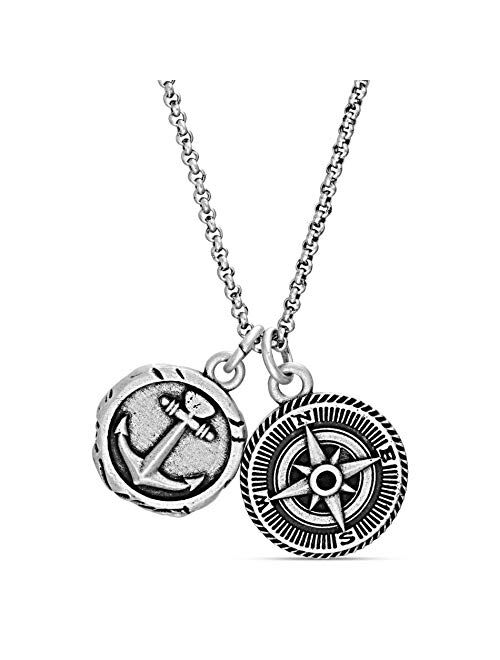Steve Madden Men's Oxidized Anchor and Compass Design Coin Charm Chain Necklace in Stainless Steel, Silver, 28