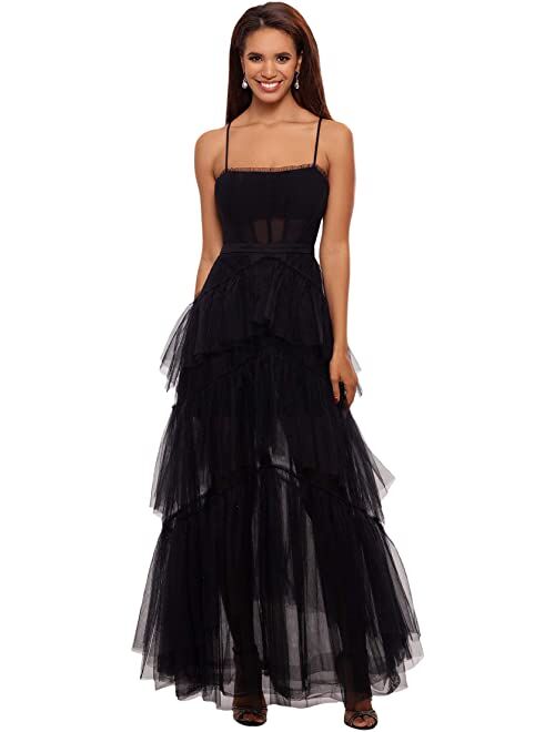 Betsy & Adam Long Corset Tiered Mesh Illusion Gown