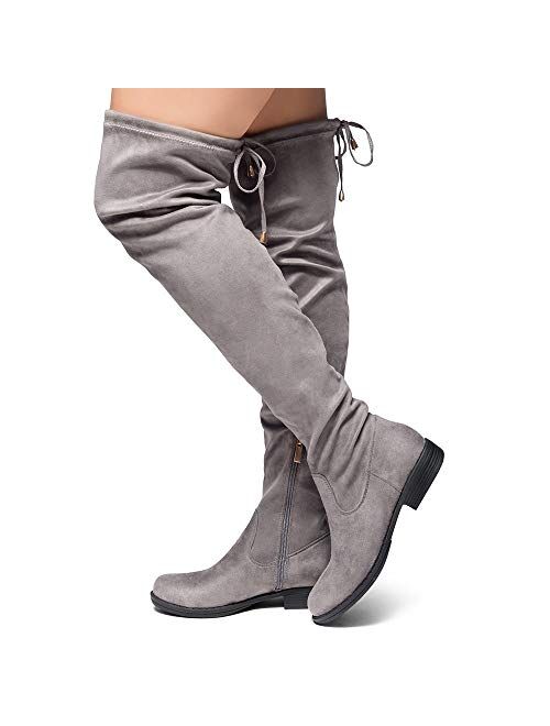 Herstyle Secret Obsession Women’s Thigh High Stretchy Boots Block Heel Side Zipper Back Lace Over The Knee Casual Boots
