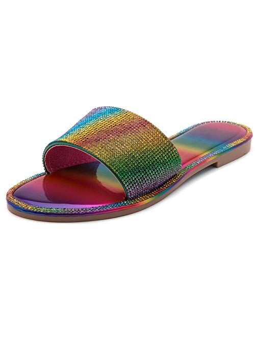 Herstyle Showstopper Women’s Rhinestone Open Toe Flat Sandals Glitter Slides Slip on Shoes