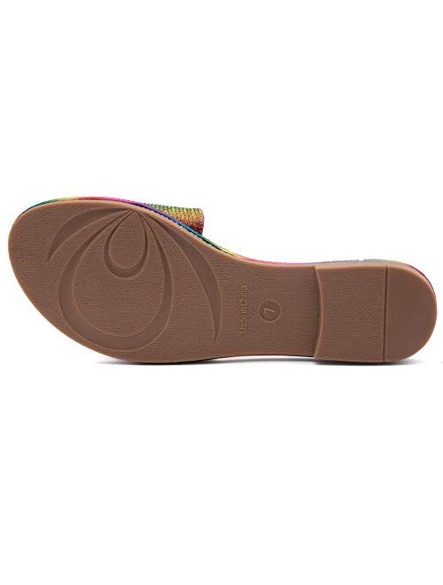 Herstyle Showstopper Women’s Rhinestone Open Toe Flat Sandals Glitter Slides Slip on Shoes