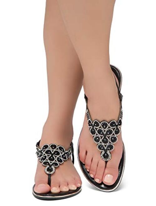 Herstyle Women's Charlee Rhinestone Bohemian Slip On Flip Flops Shoes Strap Gladiator Thong Flat Sandals