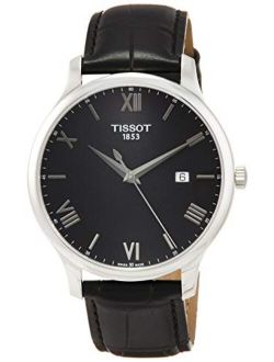 Men's 'Tradition' Swiss Quartz Stainless Steel and Leather Dress Watch, Color:Black (Model: T0636101605800)