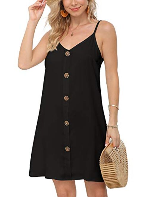 Feiersi Women Summer Spaghetti Strap Button Down V Neck Sleeveless Casual Mini Dress