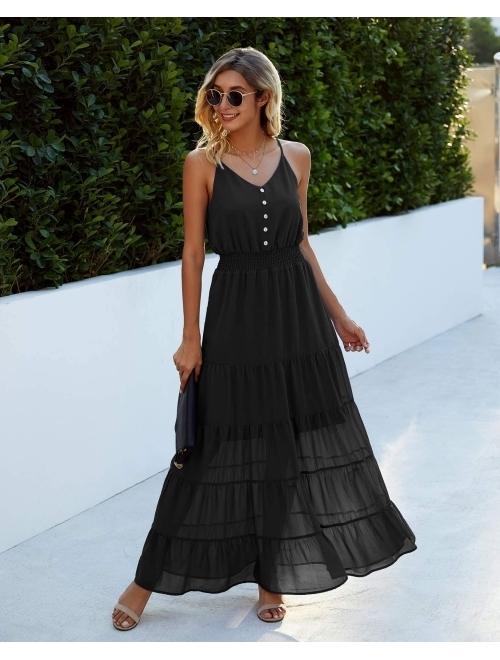 PRETTYGARDEN Women's Causal Summer Dress Spaghetti Strap Sleeveless High Waist Beach Long Maxi Dresses